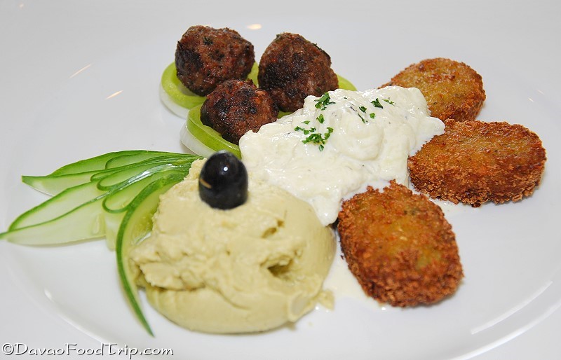 Cafe Mediterranean Abreeza Ayala Mall Davao - Sampler Plate of 4 kofta, falafeel, baba ghanoush, tzatziki Cafe Mediterranean Abreeza Ayala Mall Davao - Sampler Plate of 4 kofta, falafeel, baba ghanoush, tzatziki